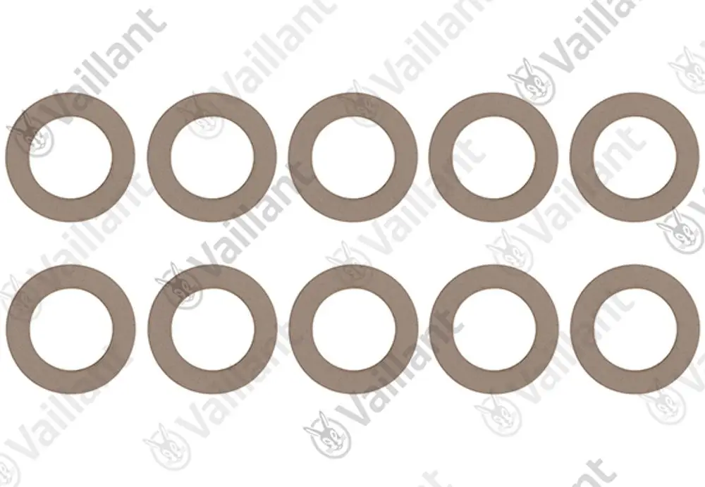 Zehn runde Dichtungen in Braun auf heller Hintergrund. Brandname Vaillant sichtbar.